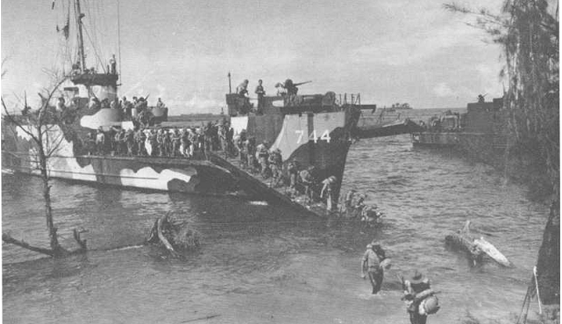 The Australian 2/13 Infantry Battalion landing on the beaches of Borneo, June 1945